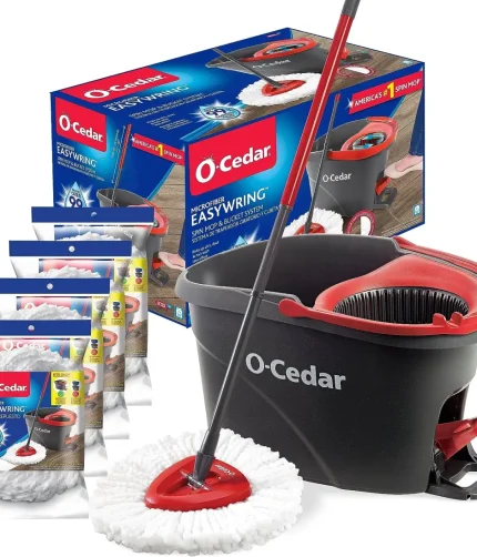 O-Cedar EasyWring Microfiber Spin Mop, Bucket Floor Cleaning System, Red, Gray