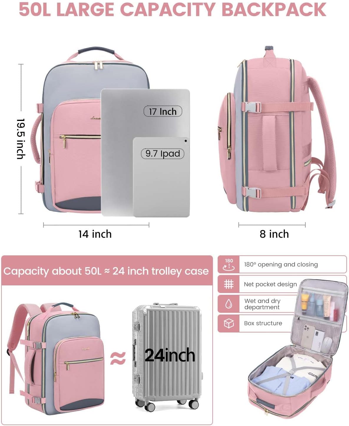 LOVEVOOK 50L Travel Backpack for Women & Men, Airline Approved Carry On Luggage with 3 Packing Cubes, TSA Overnight Bags, Waterproof Personal Item Bag, Weekender Essentials Backpacks fits 17" Laptop - 图片 6