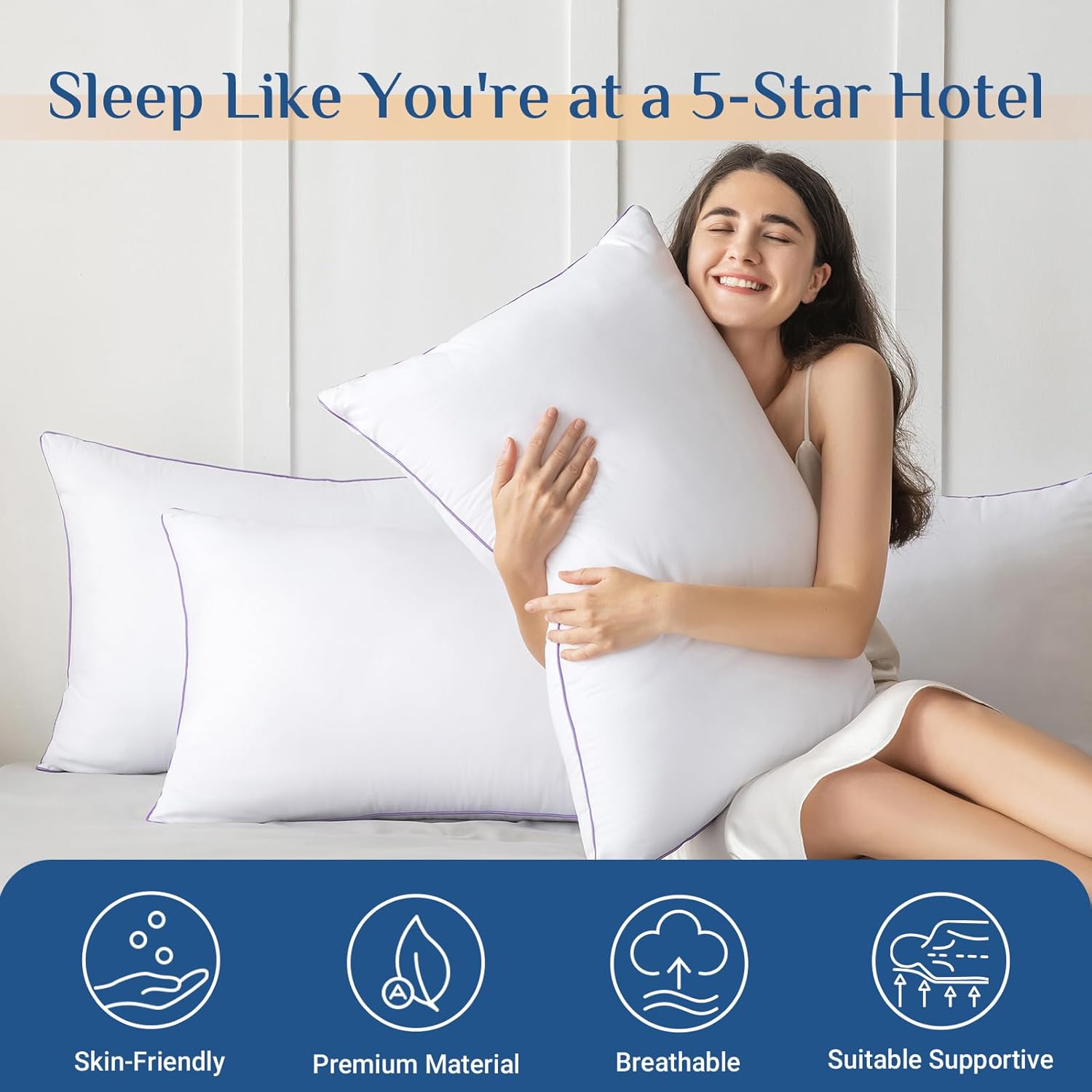 JOLLYVOGUE Pillows Queen Size Set of 2, Medium Supportive Bed Pillows with Super Soft Down Alternative Fill, Luxury Fluffy Hotel Quality for Side, Back, and Stomach Sleepers - 图片 7